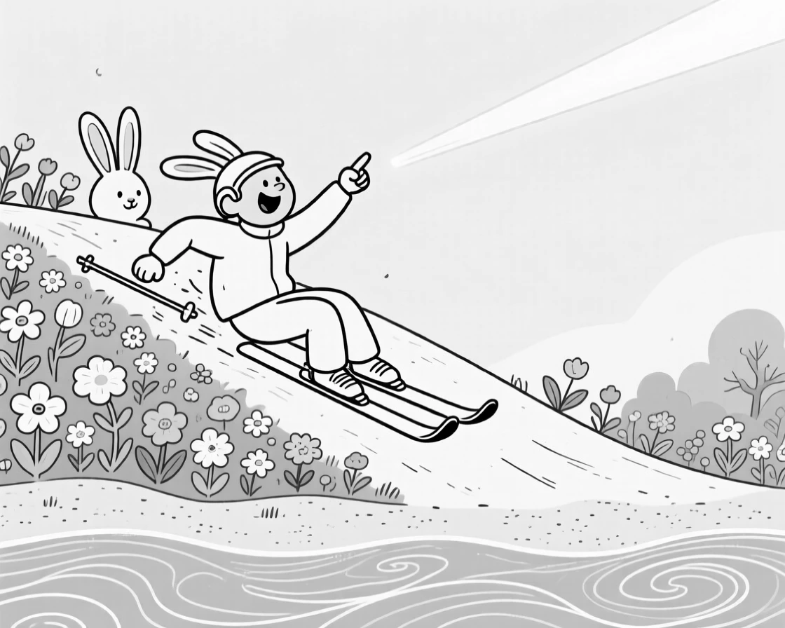 A skier tumbling comically down a gentle bunny slope, pointing excitedly as a streak of light crosses the sky, set in a garden bursting with blooming flowers. Seafoam traces delicate patterns in the sand. It captures the quiet wonder of the changing seasons.