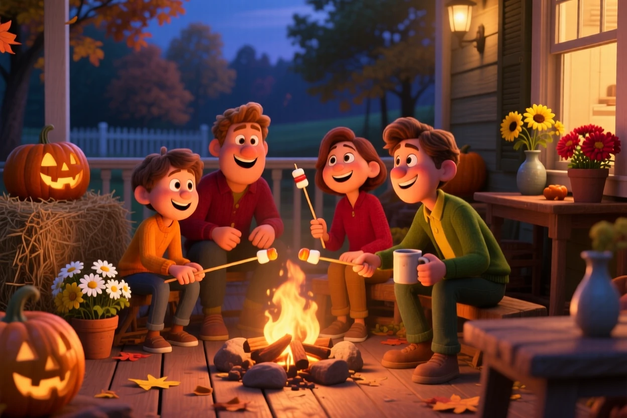 Friends roasting marshmallows over a campfire happens on a porch surrounded by carved pumpkins and hay bales, with fresh flowers decorating every table. The atmosphere glows with tradition and family warmth.