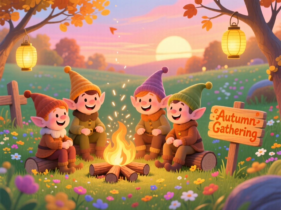 A group of cheerful elves gather in a sunlit spring meadow, gathering around a bonfire on a crisp autumn evening, as golden lanterns glow warmly.