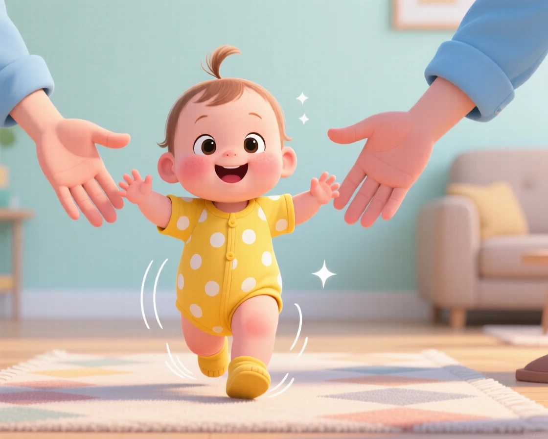 A toddler taking their very first wobbly steps toward outstretched arms.