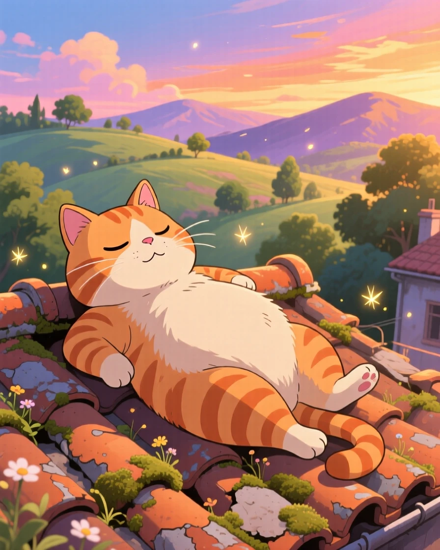 A fat orange tabby stretching on a warm rooftop, framed by the golden light of sunset, radiating pure charm.