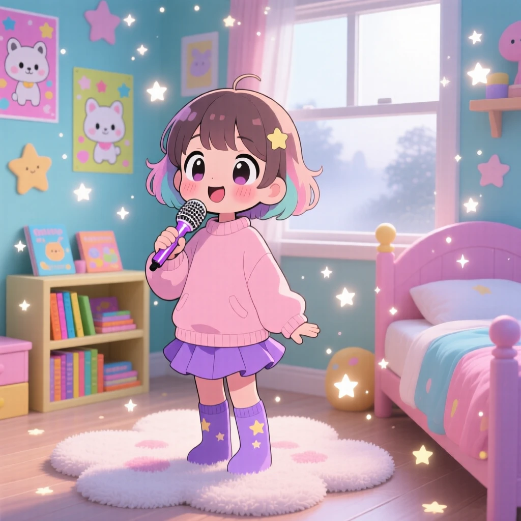A small girl singing into a hairbrush microphone in a colorful bedroom on a misty foggy morning; sparkling starlight washes over the scene as shy bashfulness fills the moment. Full-body shot.