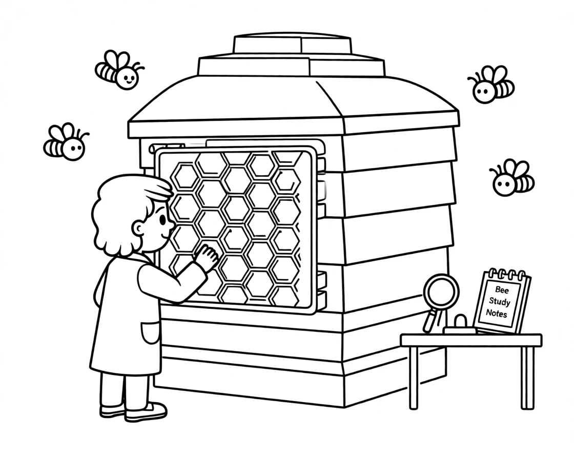 A scientist studying a beehive through a glass observation panel