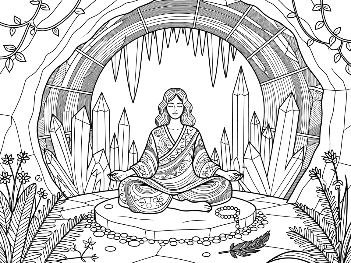 A woman meditating inside a crystal-lined geode cave.