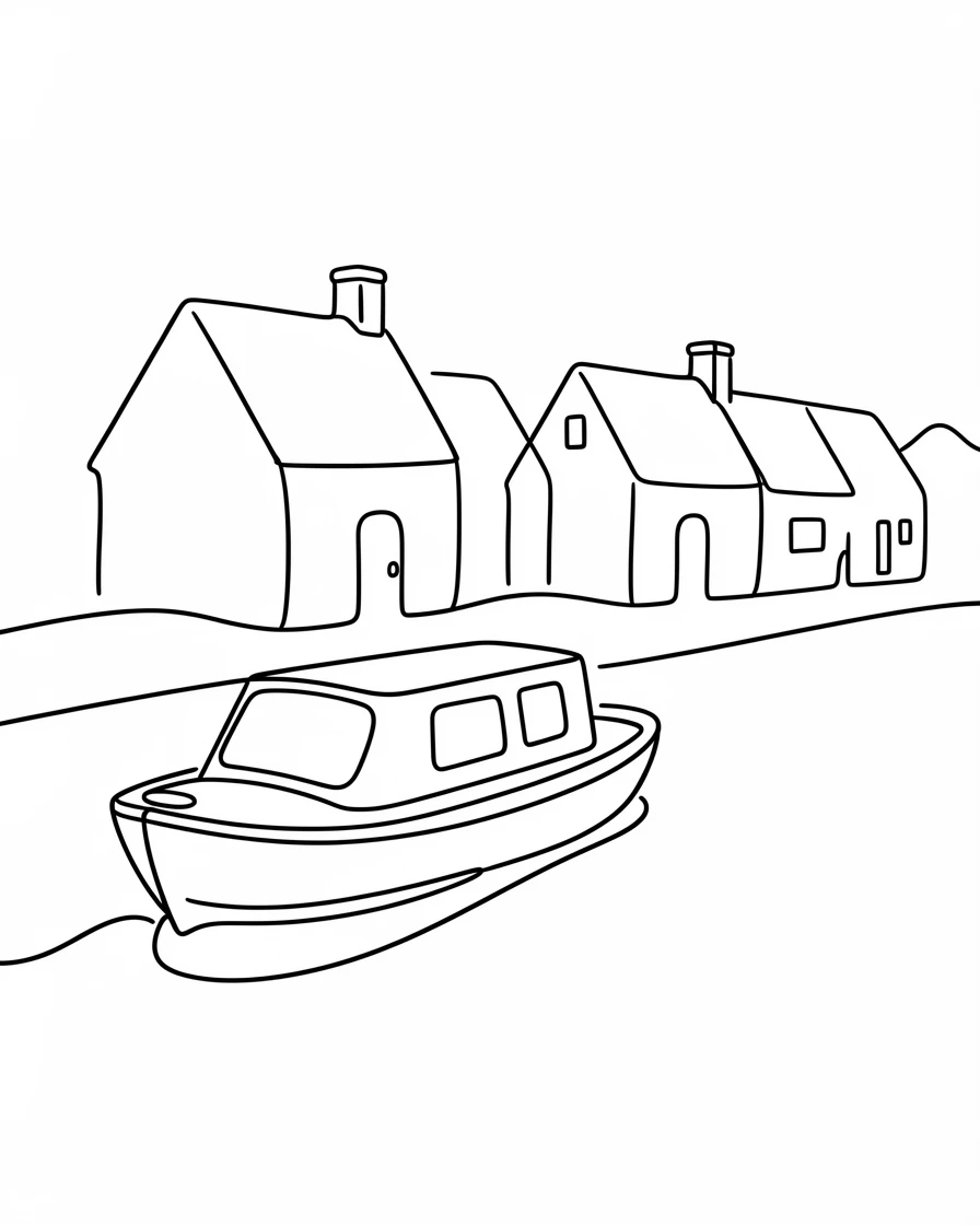 A canal boat drifting slowly past a row of countryside cottages