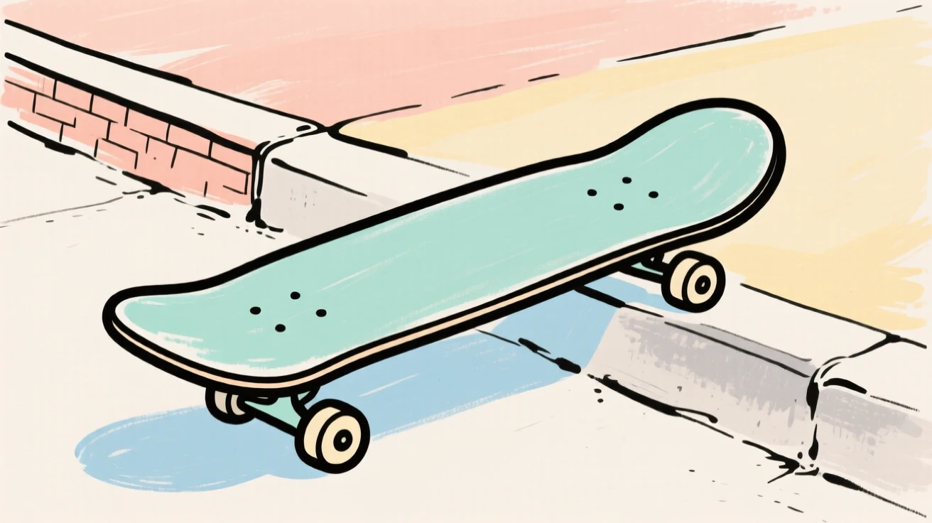 A skateboard resting against a curb