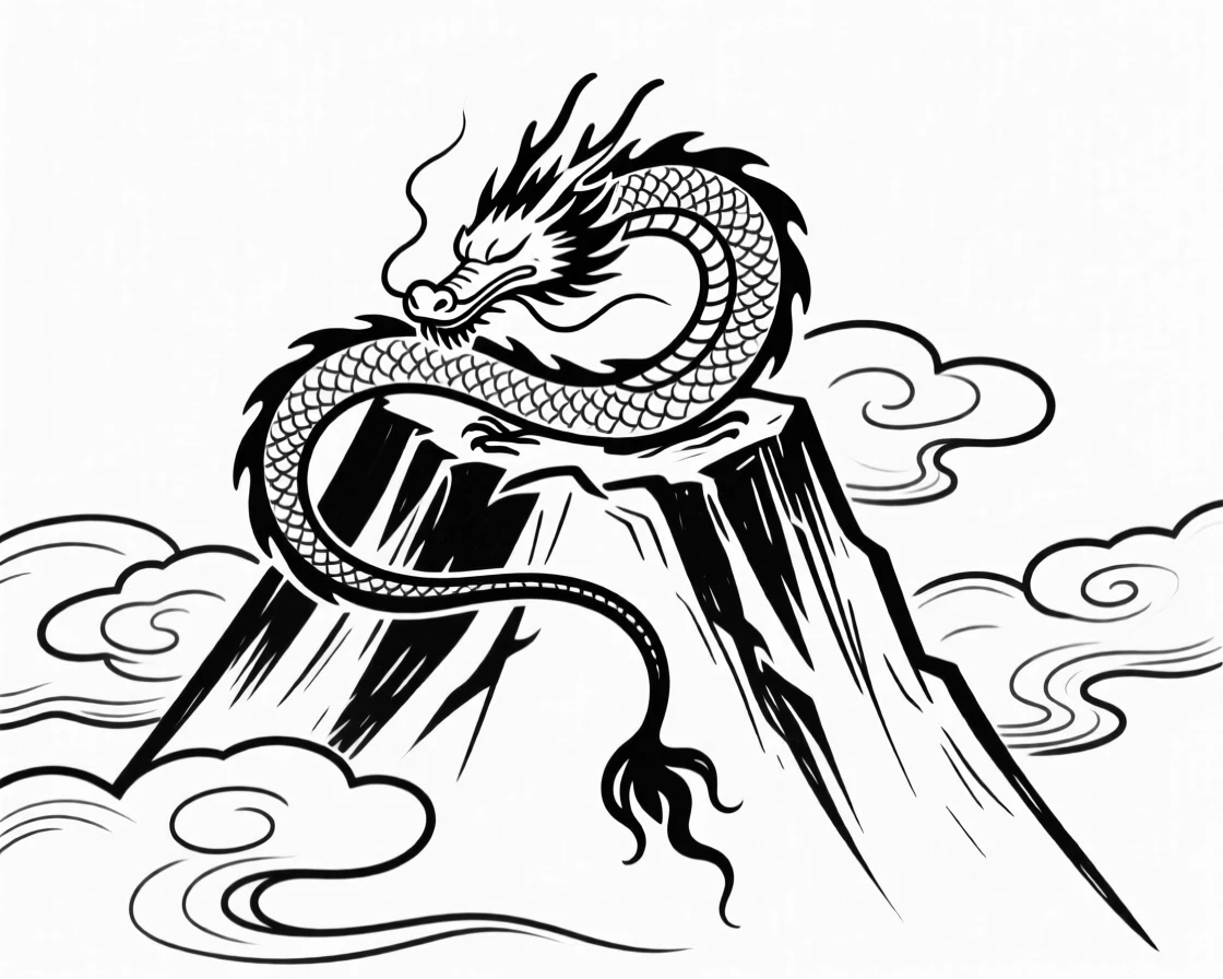 A dragon curled asleep atop a mountain peak wreathed in clouds.