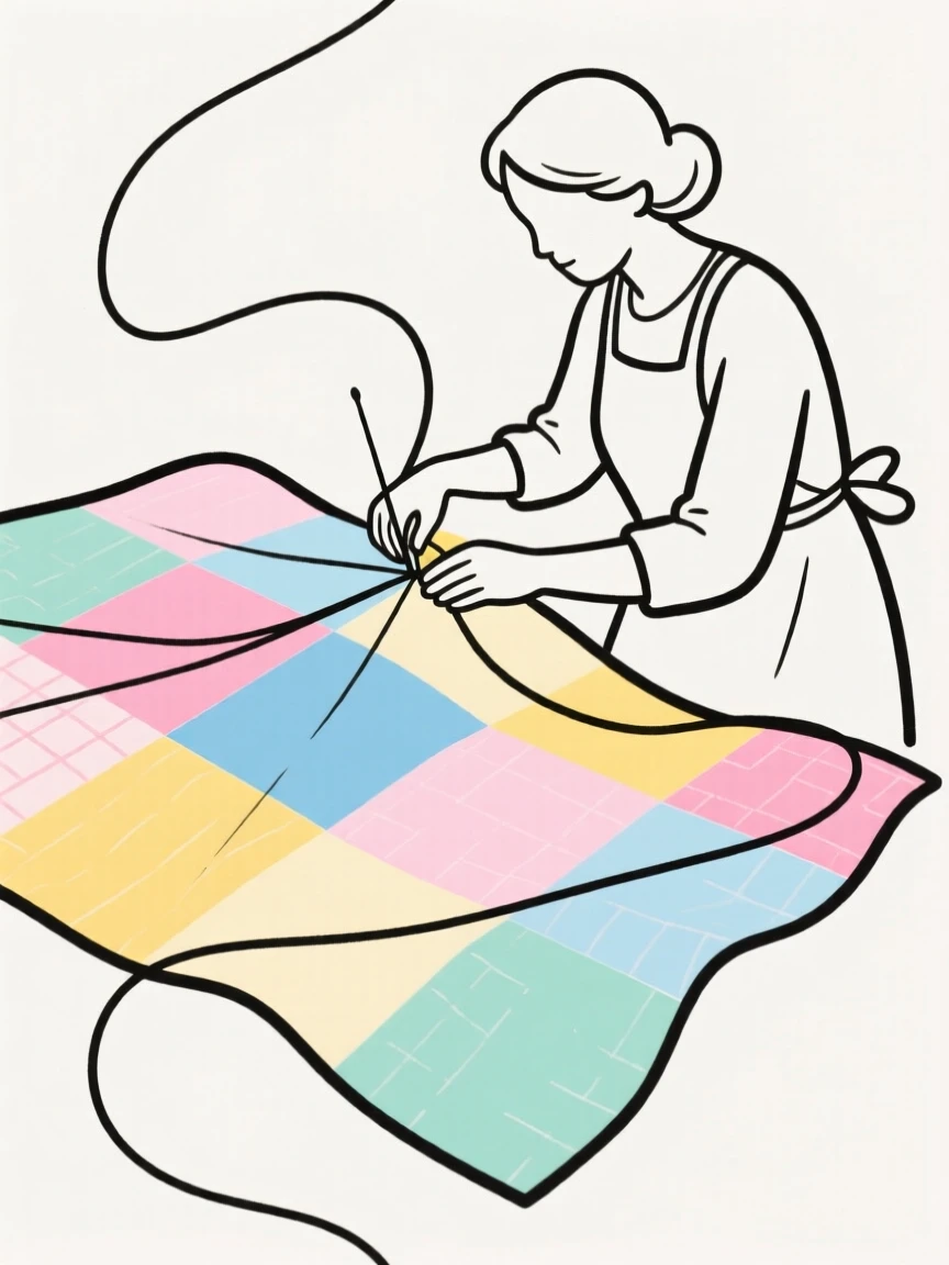 A quilter piecing together a colorful patchwork blanket.