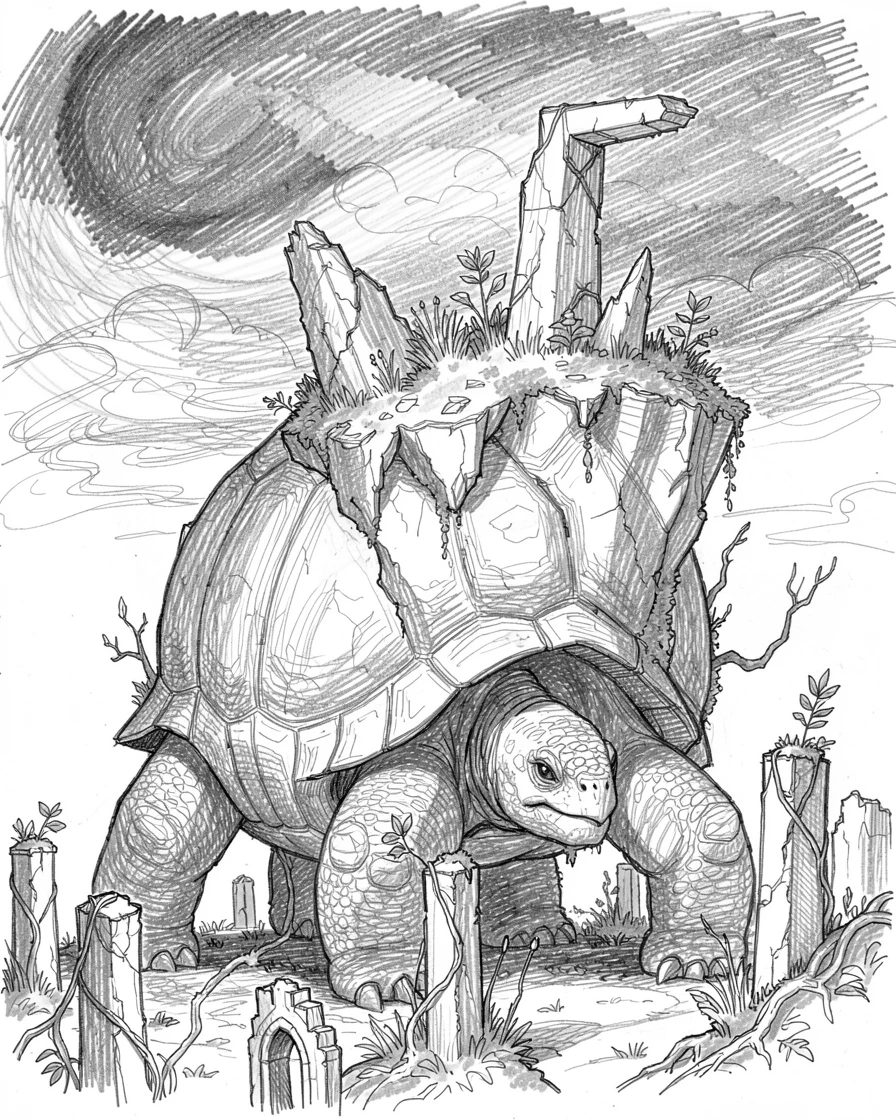 An epic fantasy scene of a giant tortoise carrying a floating island on its back amid ancient ruins overtaken by nature, with the horizon ablaze in impossible colors.