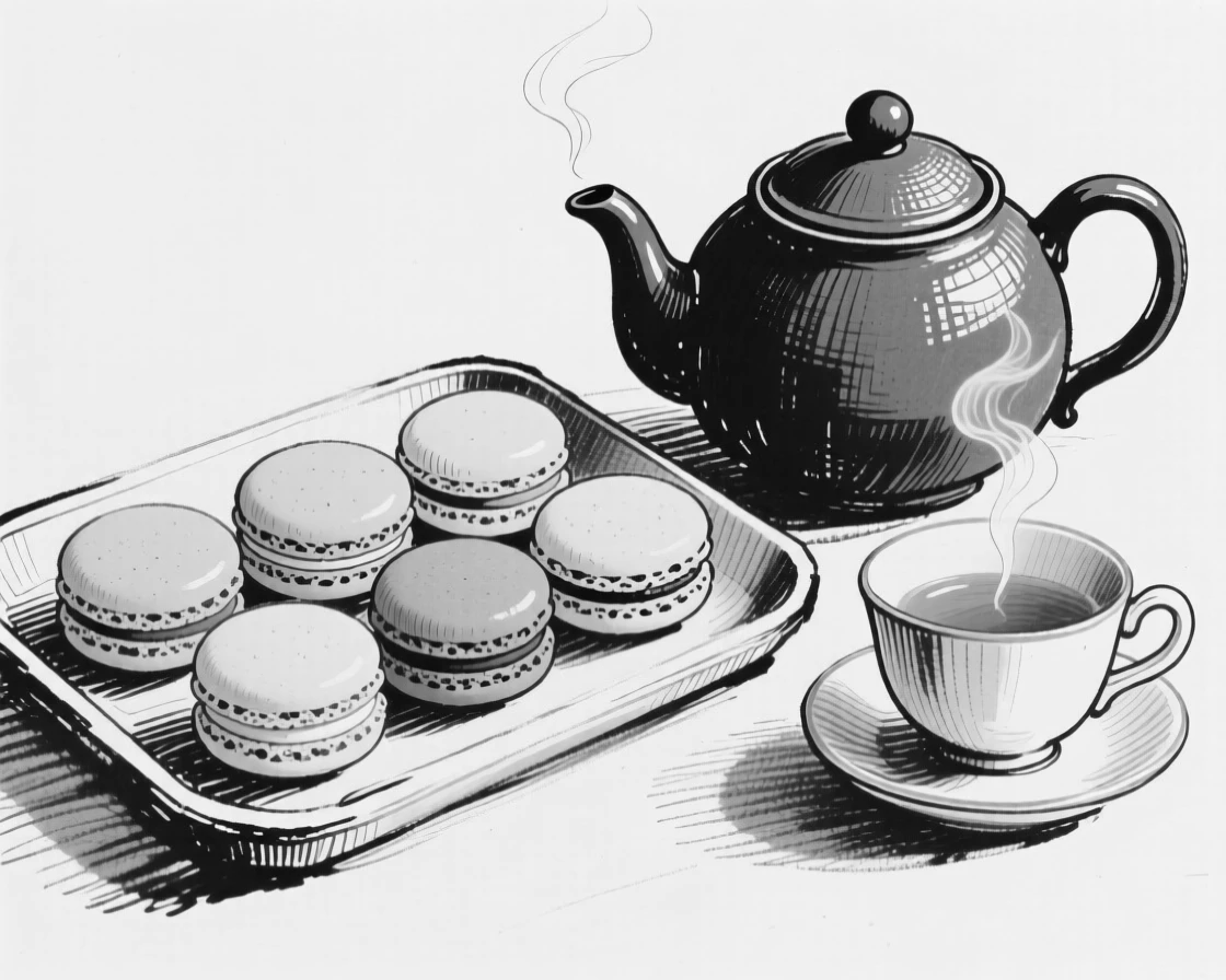 A tray of colorful macarons paired with a pot of fragrant tea.