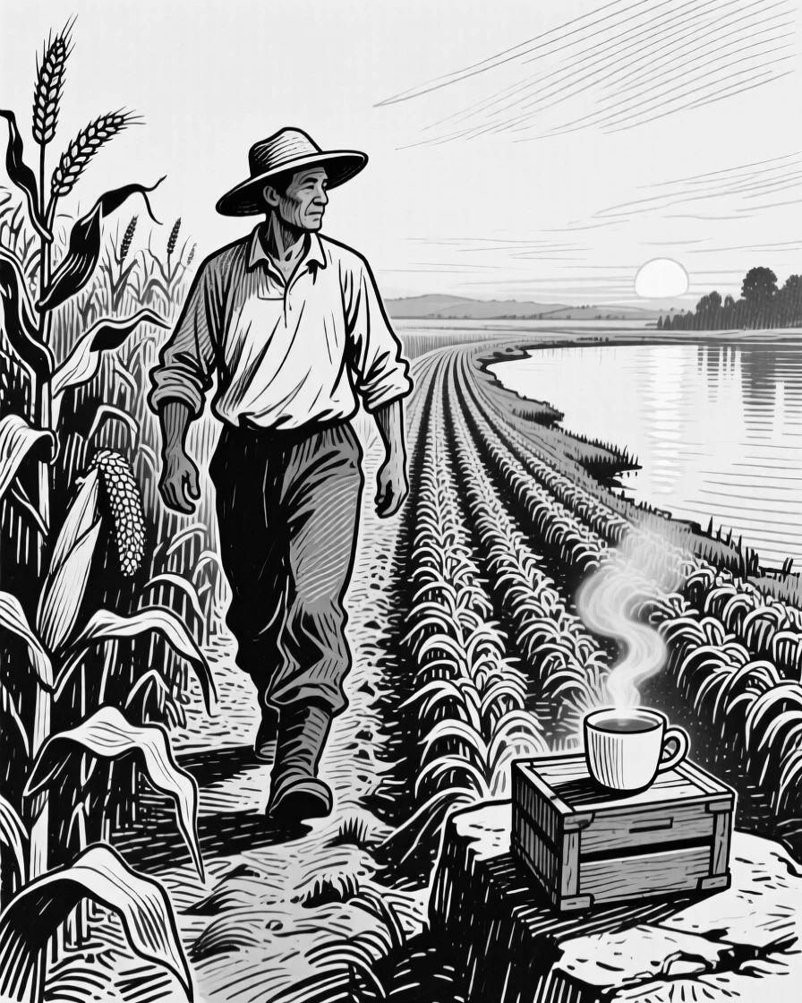 A farmer walking through rows of crops at dawn beside a tranquil lake at dawn, with a cup of tea resting close by, creating a warm and heartfelt lifestyle scene.