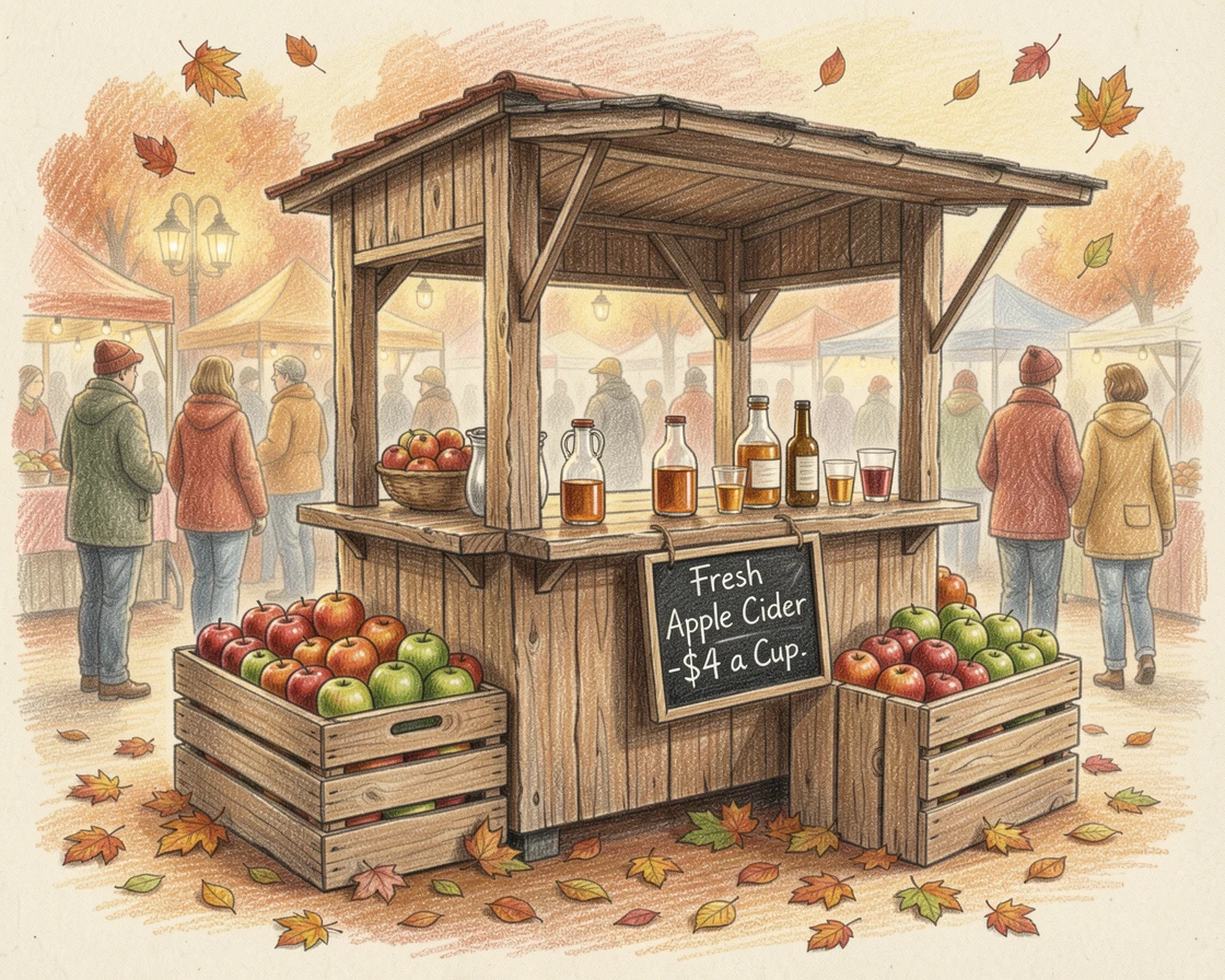 A rustic apple cider stand at a bustling autumn farmers market, set against a softly lit, atmospheric backdrop, capturing a quiet story that lingers with the viewer.