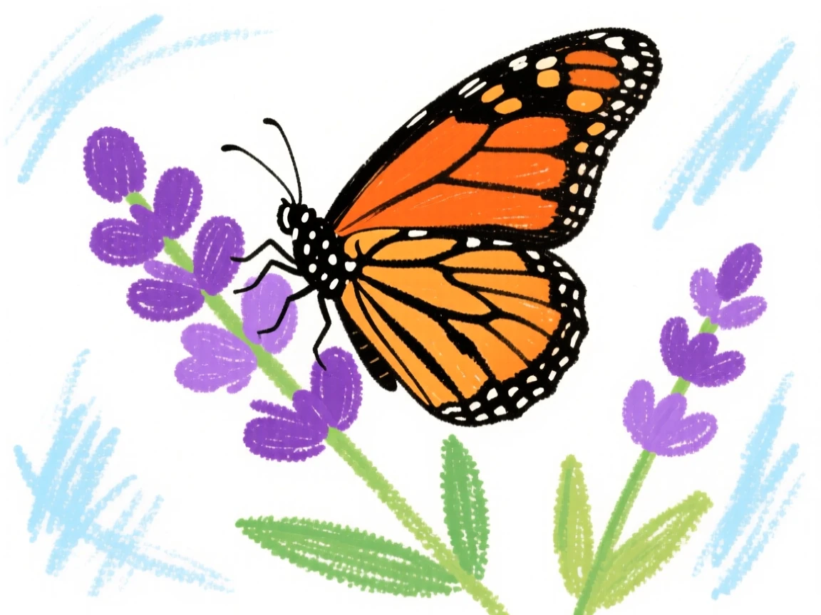 A monarch butterfly resting on a cluster of purple lavender.