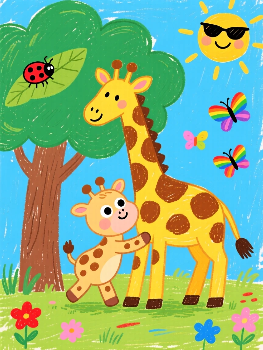 A wobbly baby giraffe cuddled beside its mother under a shady tree.
