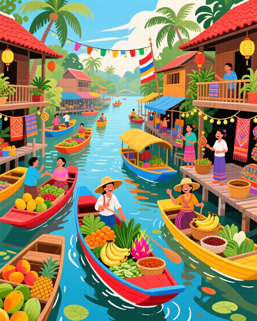 A vibrant floating market filled with colorful boats and produce, surrounded by vibrant local color and charm, framed to highlight the destination's unique character, with a joyful, adventurous atmosphere.