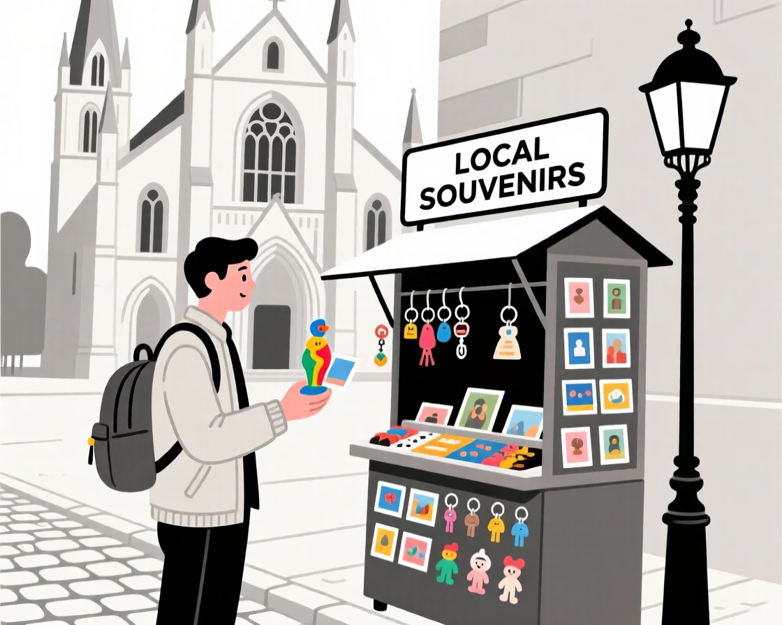 A traveler shopping for souvenirs near a historic cathedral.