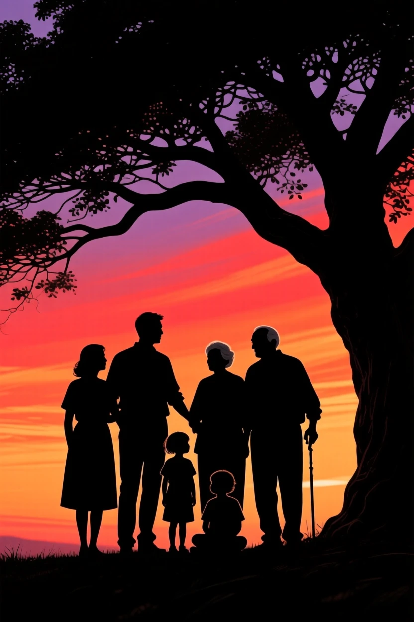 A wide family reunion with three generations posing together under a large tree.