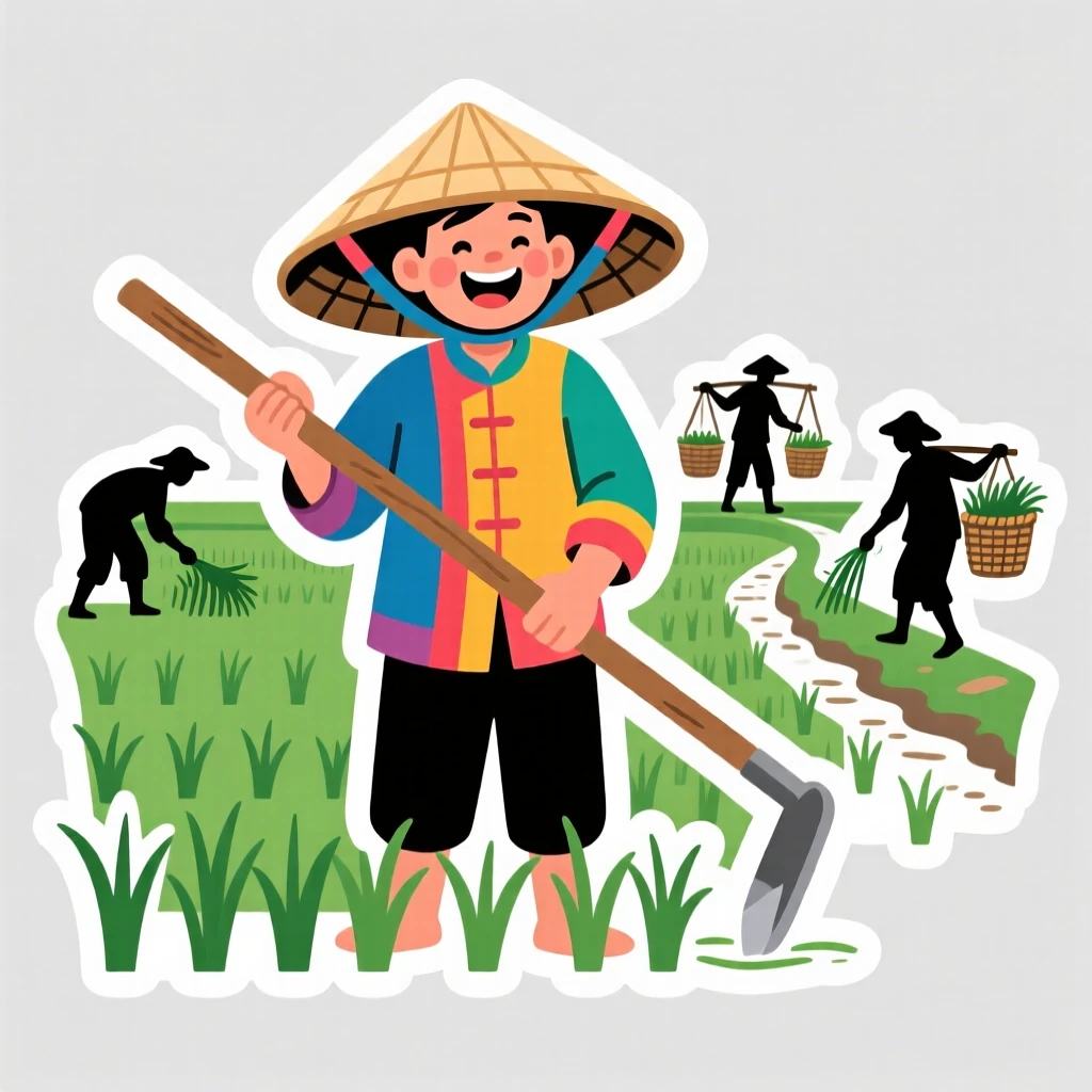 A colorful and lively Vietnamese conical hat farmer in a rice paddy, with locals going about their day, during a memorable journey abroad.