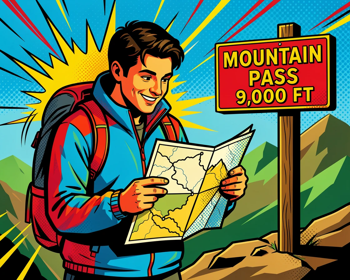 A solo traveler reading a map atop a scenic mountain pass