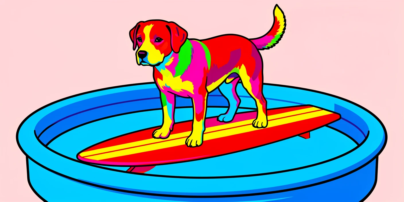 Dog balancing on a surfboard in a kiddie pool