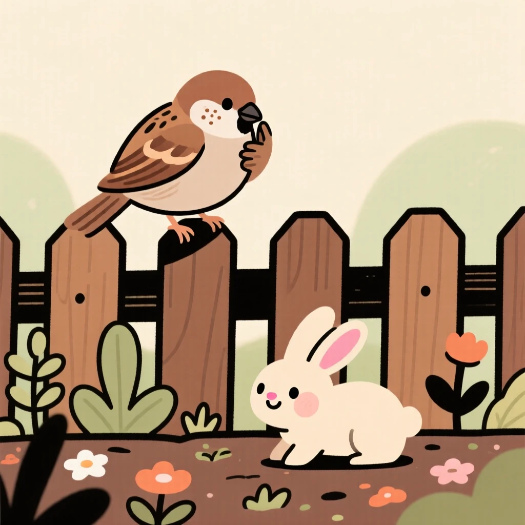 A sparrow perches on a garden fence, preening its feathers while a rabbit moves quietly through the garden bed below.