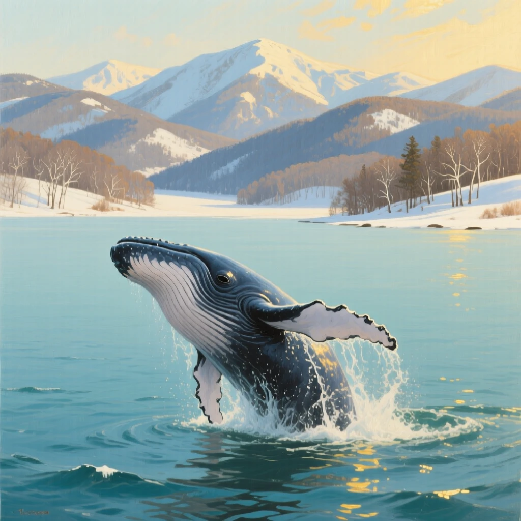 A panoramic view of a whale breaching the surface of a vast open ocean, in the Appalachian mountains, in the quiet stillness of midwinter, in bright warm sunshine.
