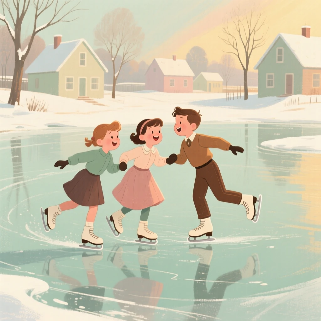 Children ice skating together on a frozen village pond