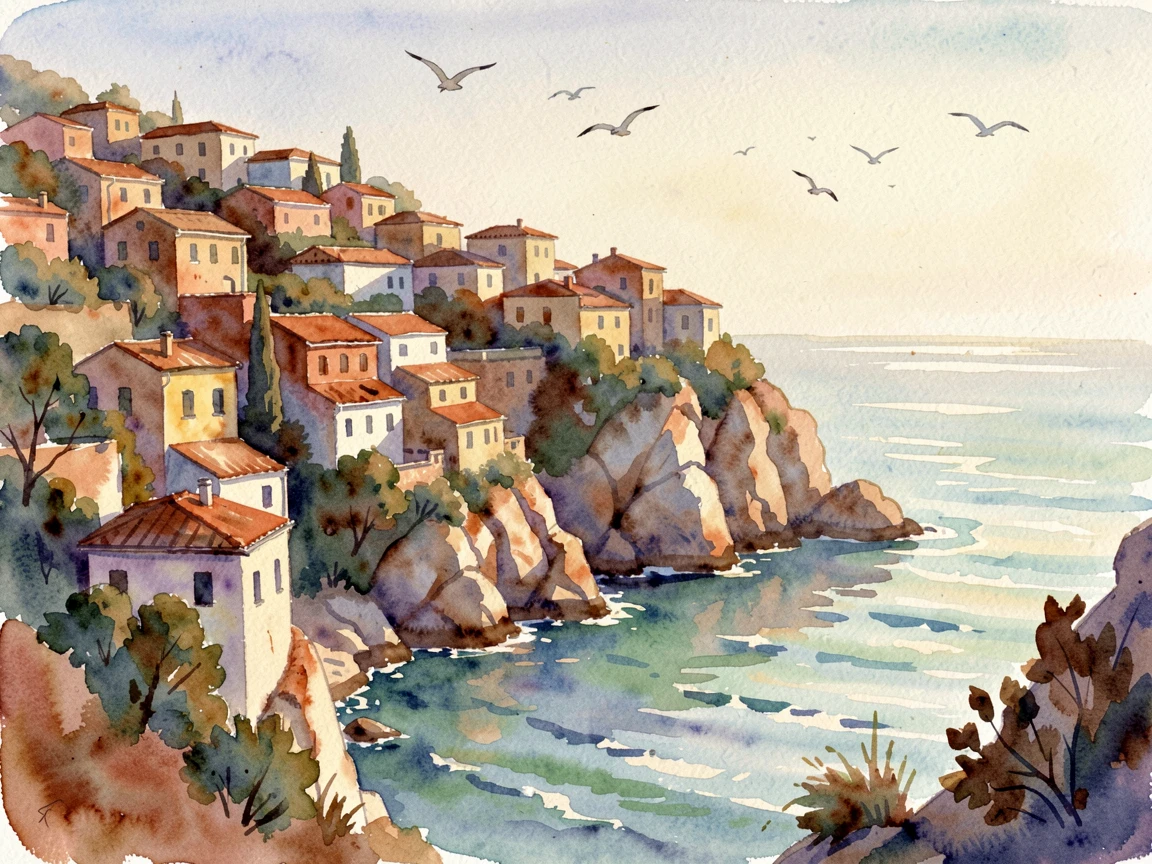A cliffside town overlooking the Mediterranean during golden hour with birds circling overhead.