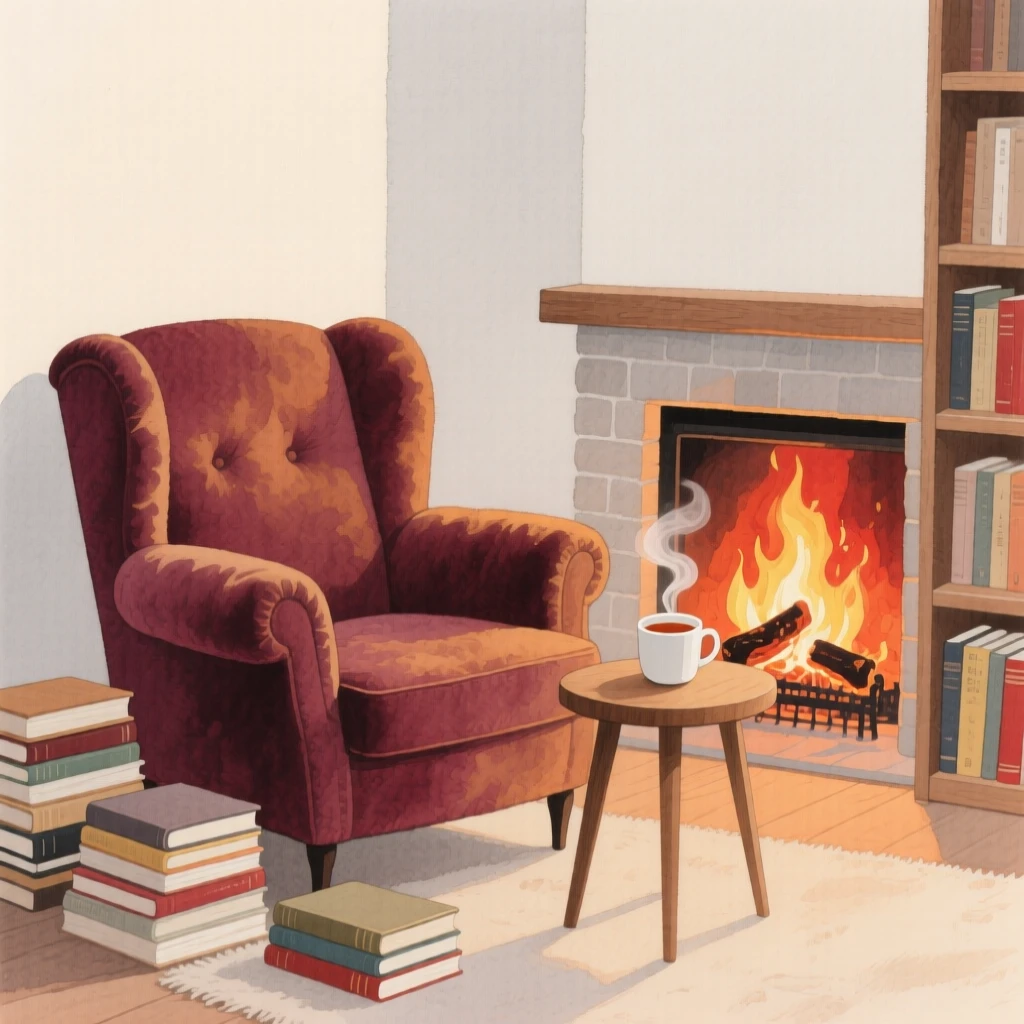 A cozy reading nook with a plush armchair beside a crackling fireplace, stacks of books and a steaming mug of tea nearby
