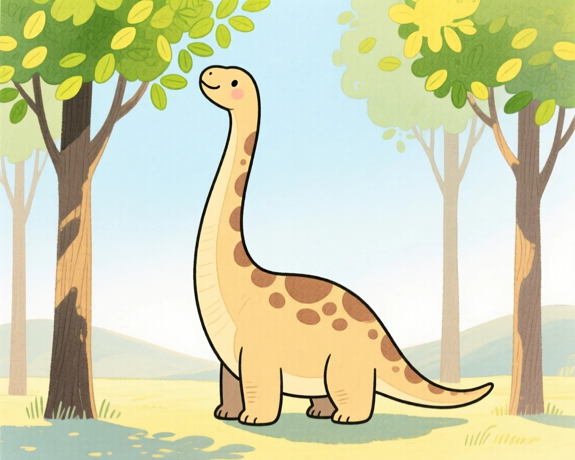 A vivid scene of a gentle long-necked dinosaur reaching for treetop leaves.