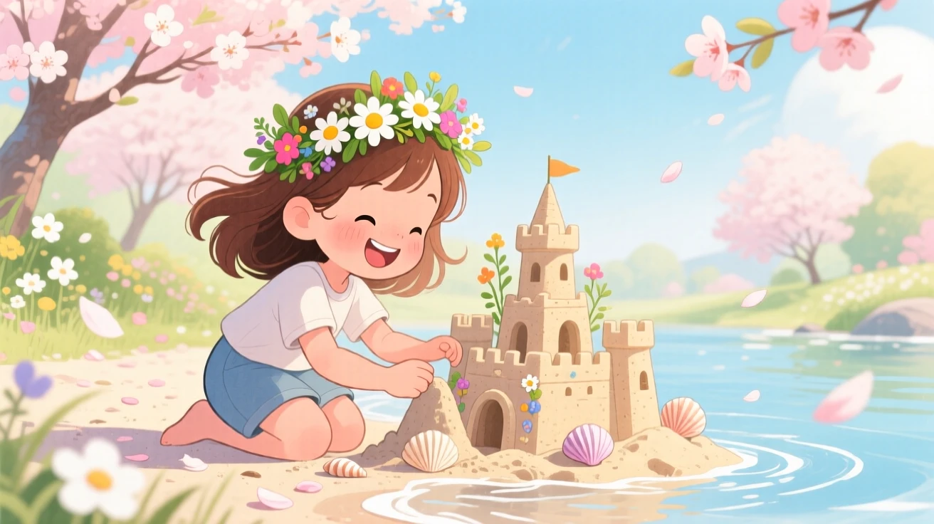 A girl with a flower crown building a sandcastle at the water's edge, in a blossoming cherry tree garden, brimming with carefree happiness.