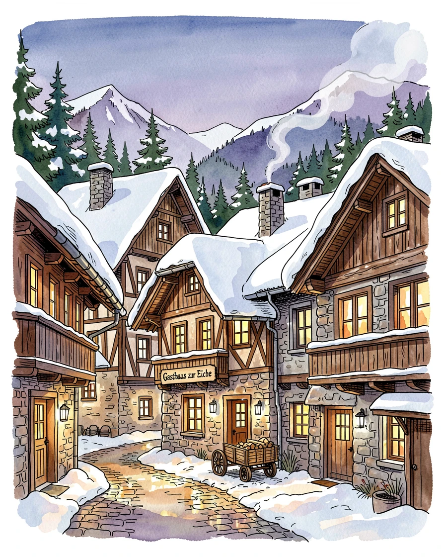 A snow-covered alpine village glowing with warm window light at dusk, the scene rich with texture and quiet character.