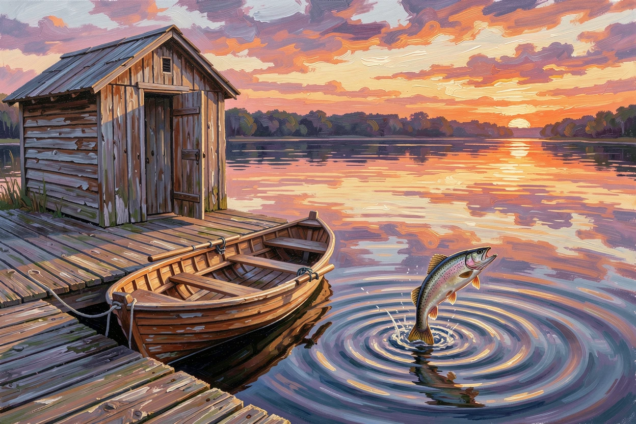 A small wooden rowboat tied to a dock, beside an old wooden boathouse, ripples spreading outward from a leaping fish, at sunset, the sky reflected perfectly in the still water.