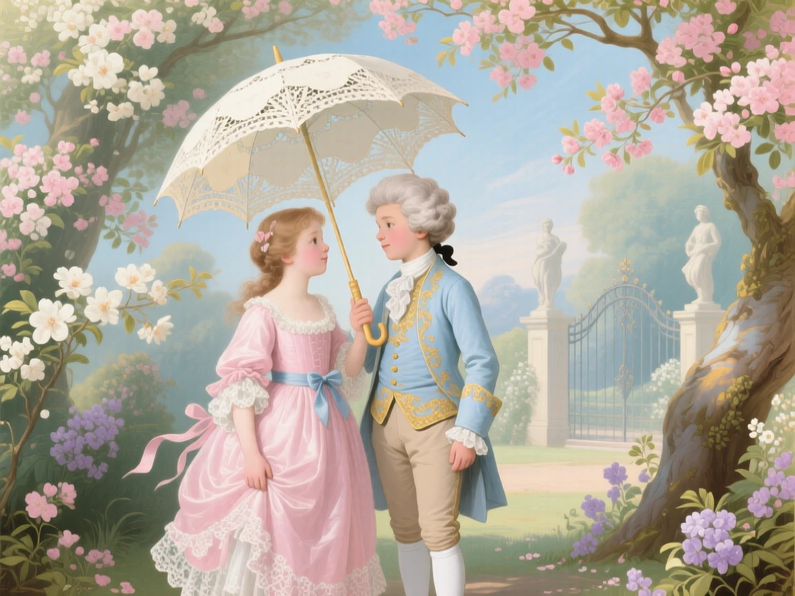 A boy and girl sharing an umbrella beneath flowering trees  