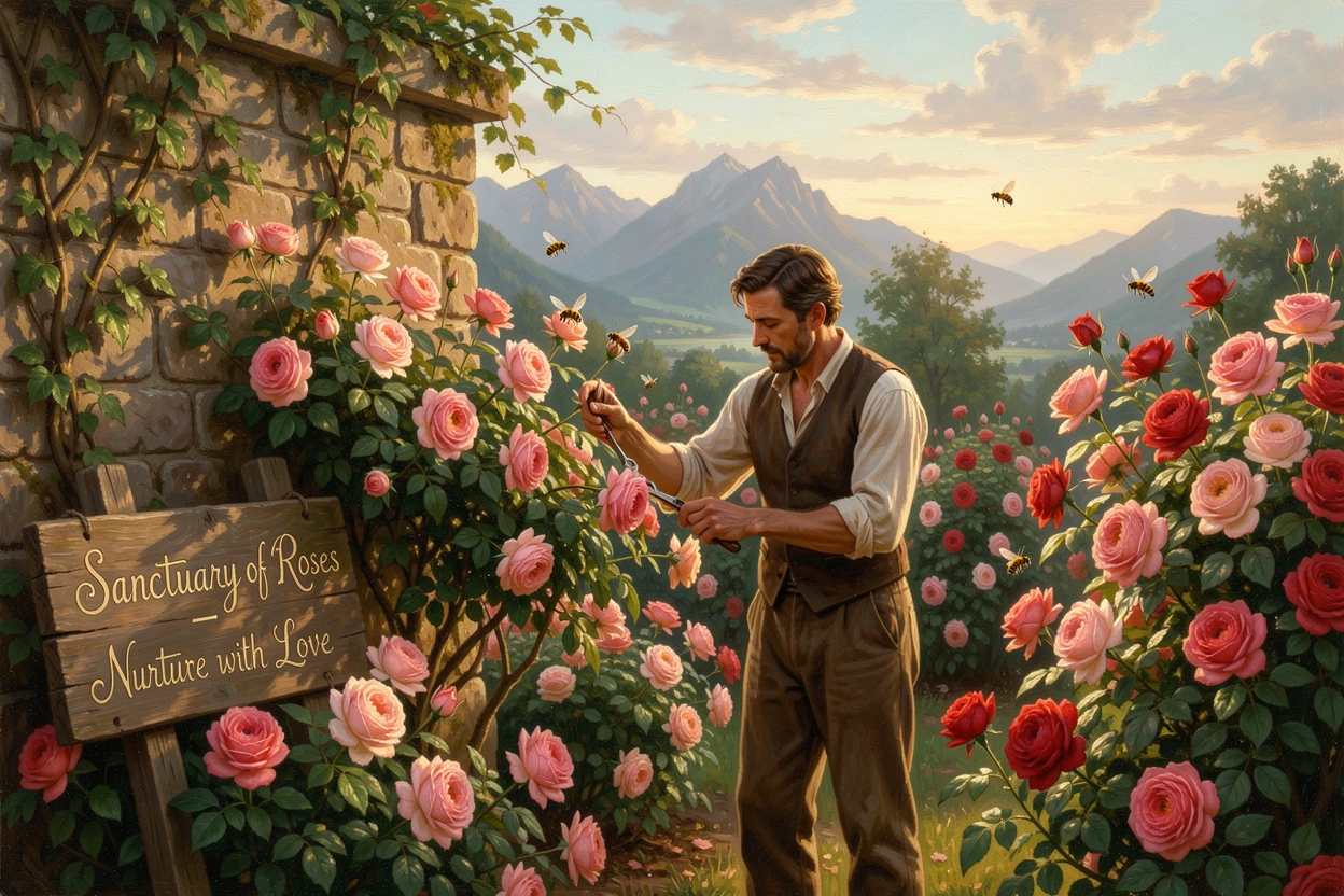 A painter tends the flowers of a walled garden bursting with roses as bees hum among the flowers.