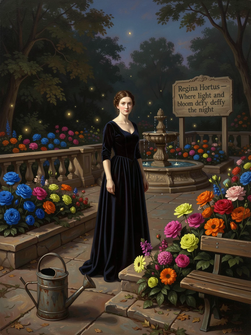A queen's garden where every flower blooms in impossible, luminous colors, as glowing magical elements illuminate the surrounding darkness, combining epic scale with rich, immersive atmospheric detail