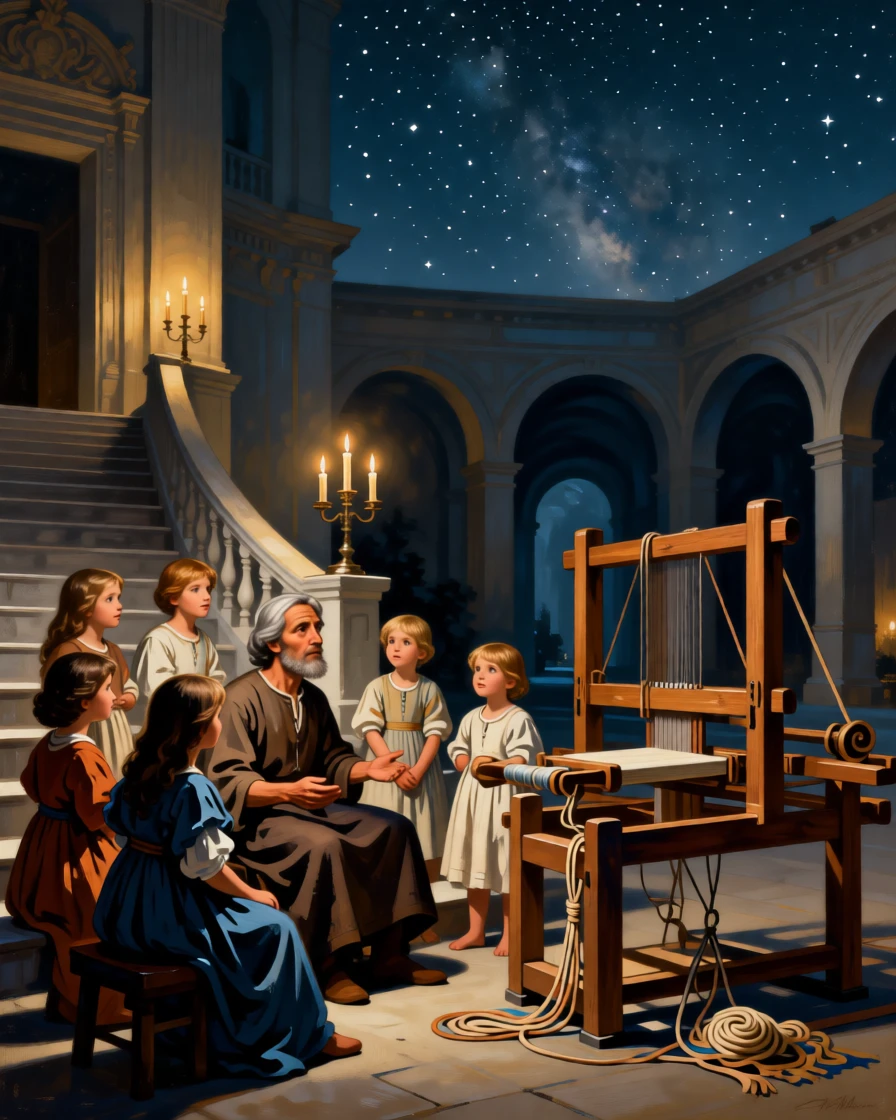 A storyteller enchanting a circle of children beneath a starry sky as if pulled directly from a cherished tale, set beside a grand staircase lit by flickering candelabra, with an old wooden loom, tangled threads, and a half-finished tapestry; receding archways create a sense of stepping into another world, suggesting the enduring power of myth and memory.