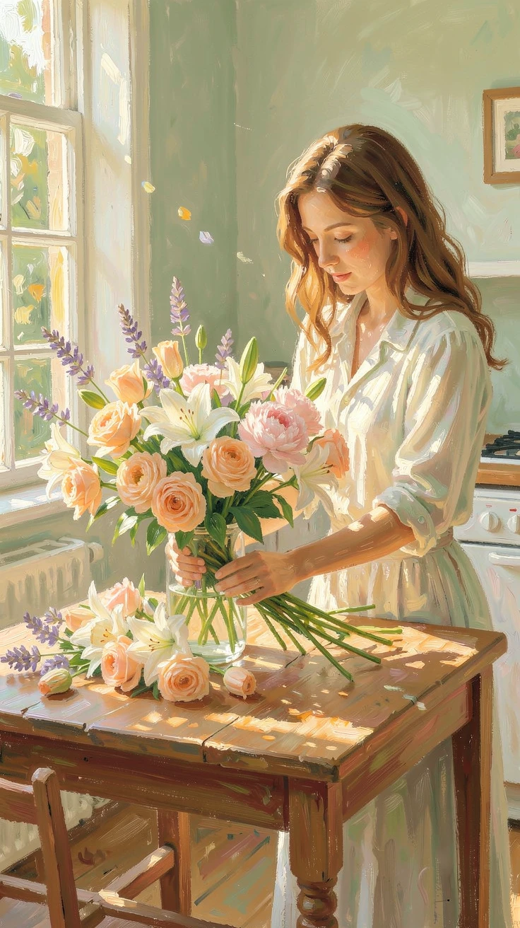 A woman arranging a bouquet of freshly cut flowers on a sunlit kitchen table, in the gentle hush of early morning.