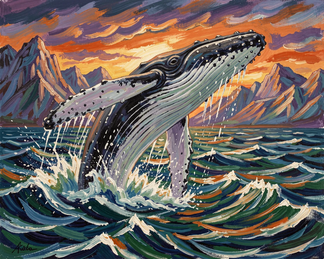 A humpback whale breaching dramatically against a backdrop of distant mountains.
