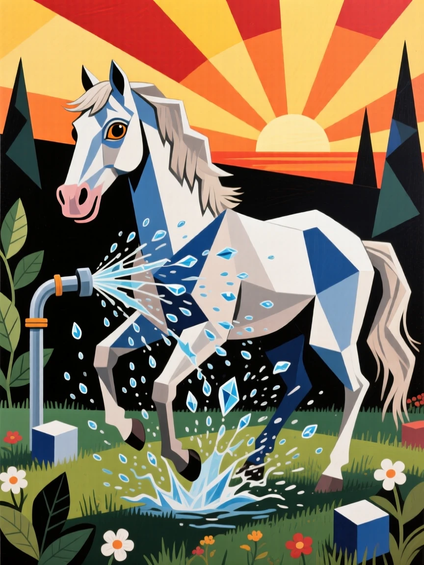 A charming portrait of a gentle old horse splashing happily in a garden sprinkler, just before sunset.