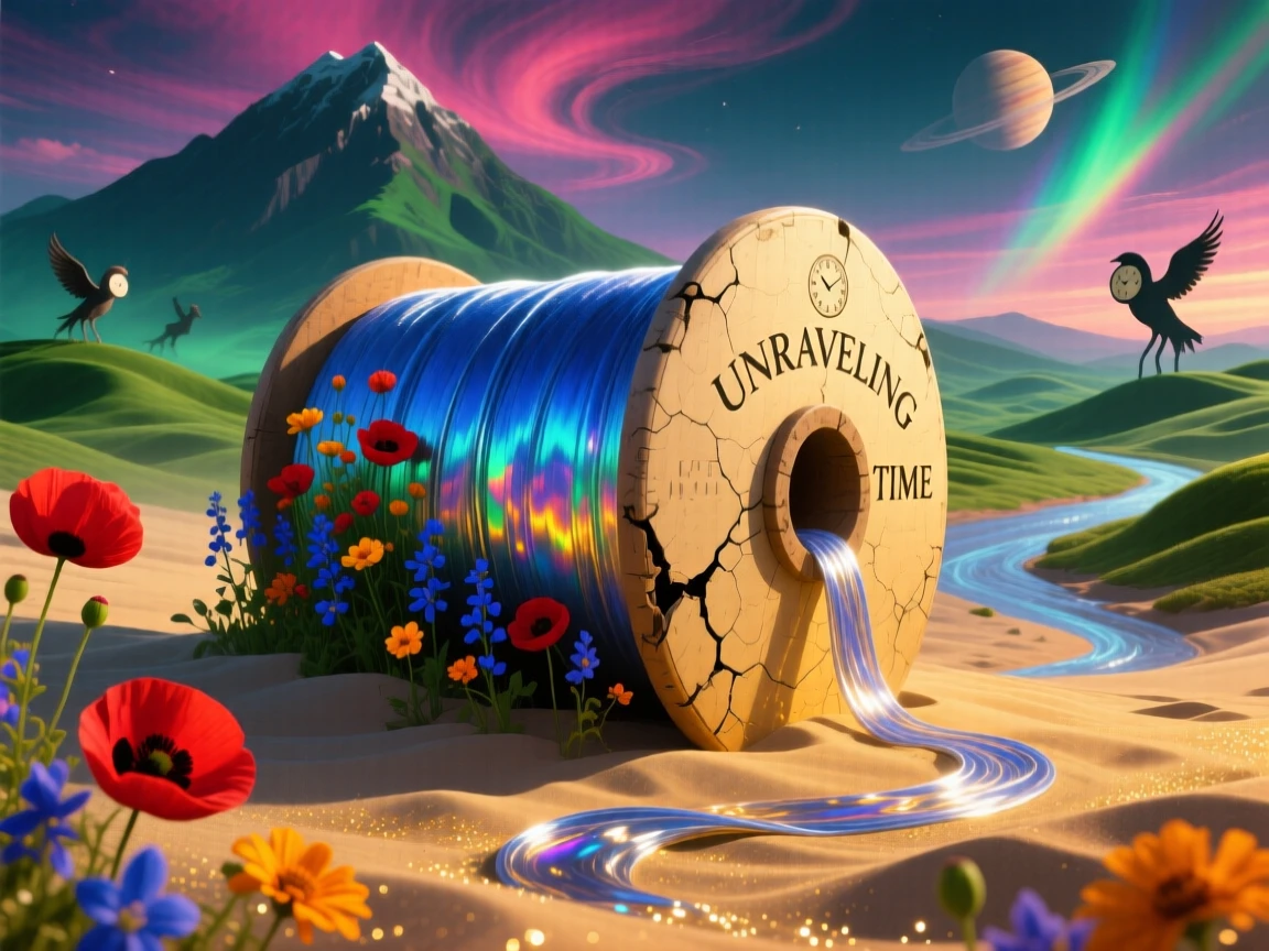 A massive spool of thread unraveling across rolling green hills rests half-buried in drifting golden sand, while wildflowers push up through cracks along its surface.