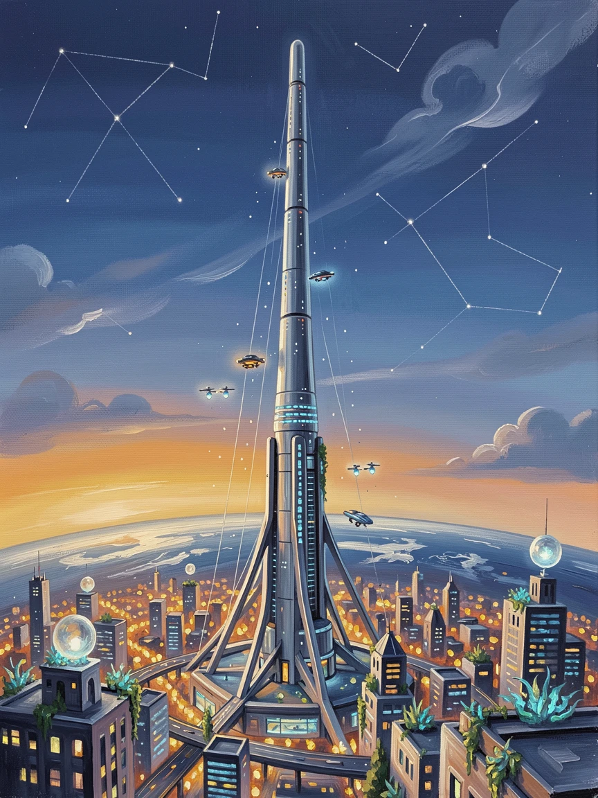 A futuristic space elevator stretches from Earth's surface into orbit, its base glowing with city lights against the darkening evening sky, small magical details scattered throughout the scene rewarding a closer look.