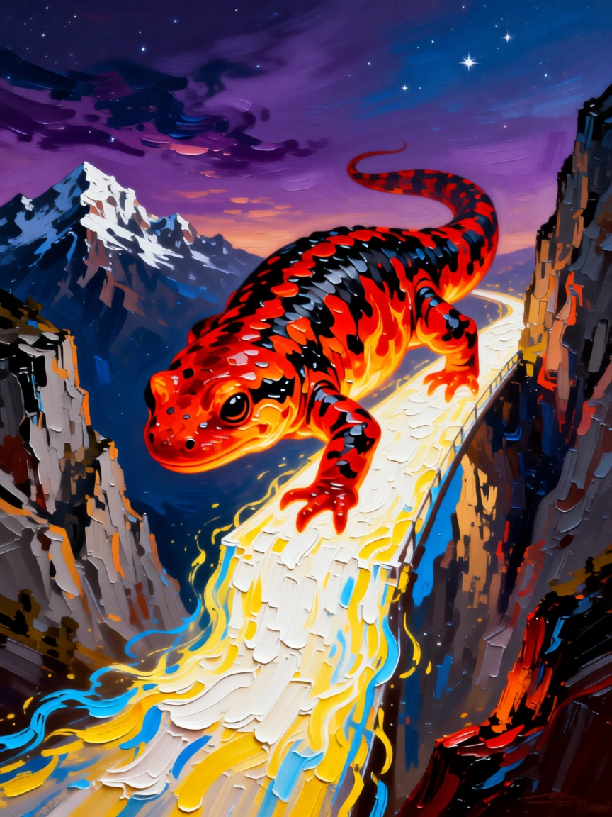 a fire salamander the size of a horse crossing a bridge of light between two mountain peaks