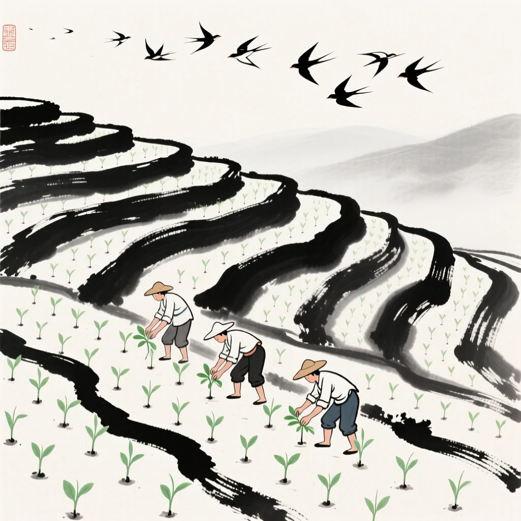 Workers plant seedlings in neat rows across a terraced hillside, as birds wheel above the newly planted fields.