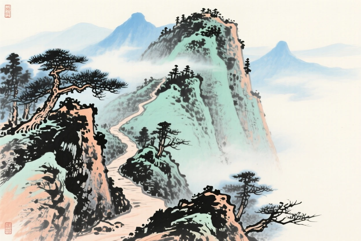 A steep mountain trail leading toward a distant summit, brimming with peaceful contentment.