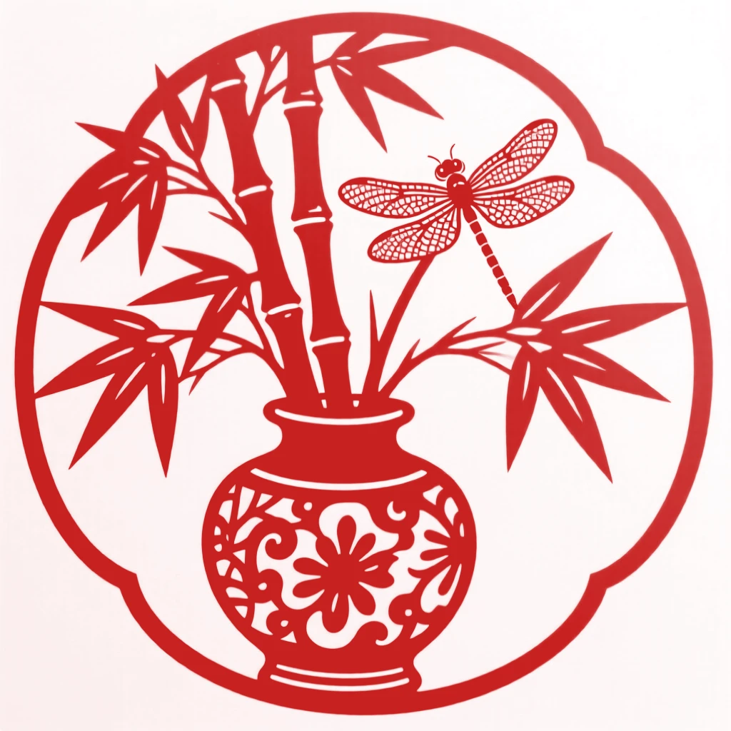 A bundle of bamboo leaves arranged in an antique porcelain vase, while a dragonfly rests on a single leaf.