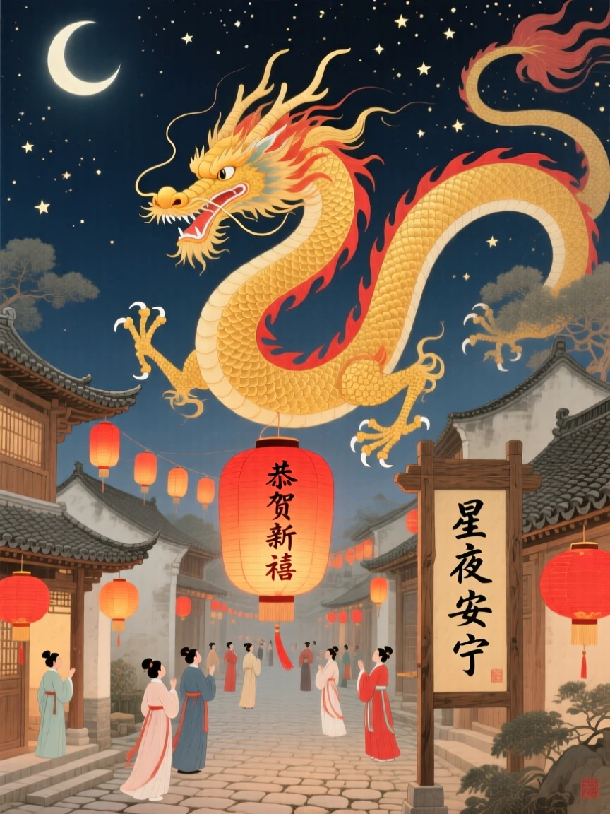A golden dragon coiling gracefully through the air above a village during a starlit festival