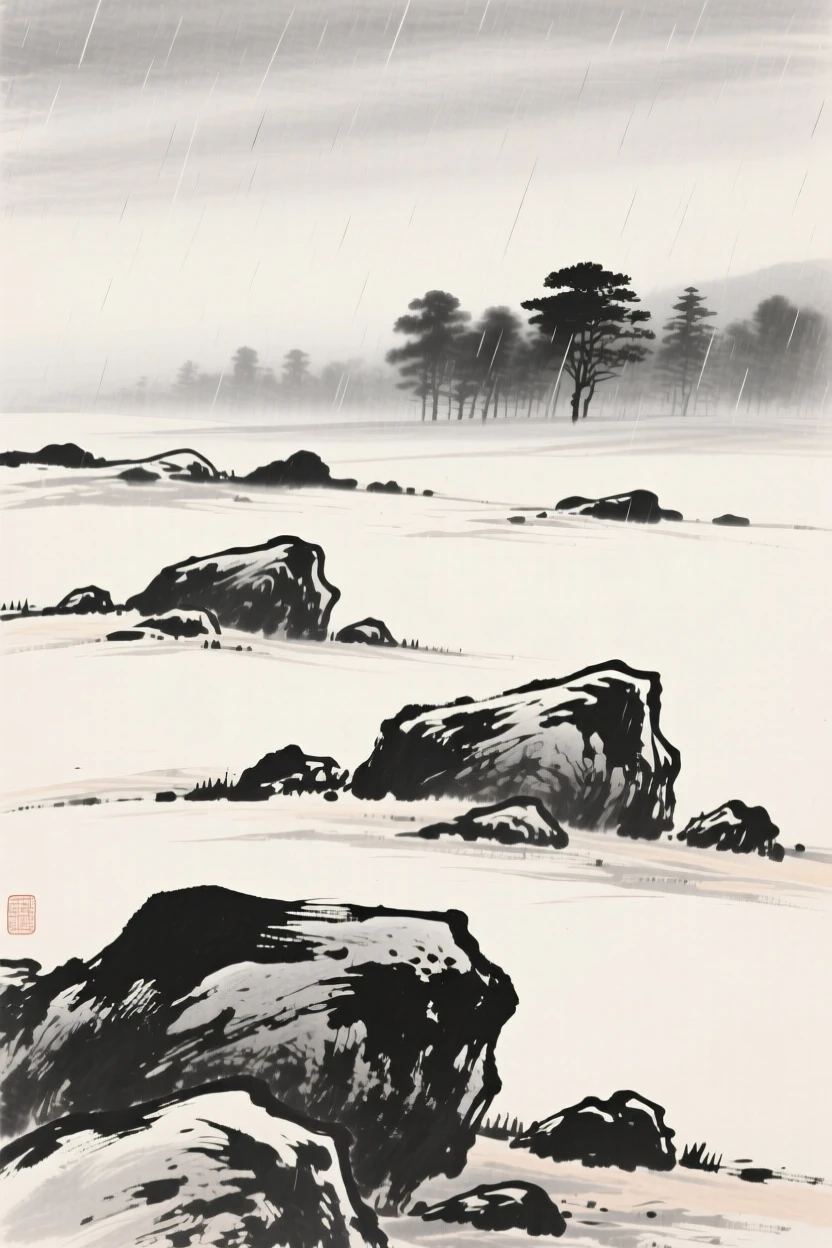 A windswept plateau scattered with wind-carved boulders while a light rain blurs the distant tree line, framed low, with the foreground rocks leading the eye toward the distance, capturing a fleeting, serene moment suspended in time.
