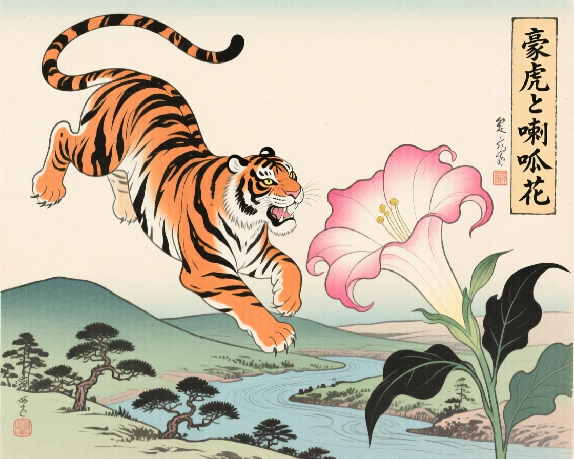 A majestic tiger hovering beside a blooming trumpet flower.