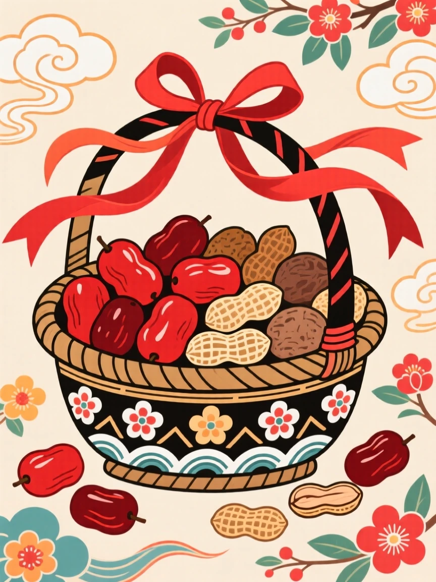 A basket of red dates and peanuts tied with silk ribbon, symbolizing a happy marriage.
